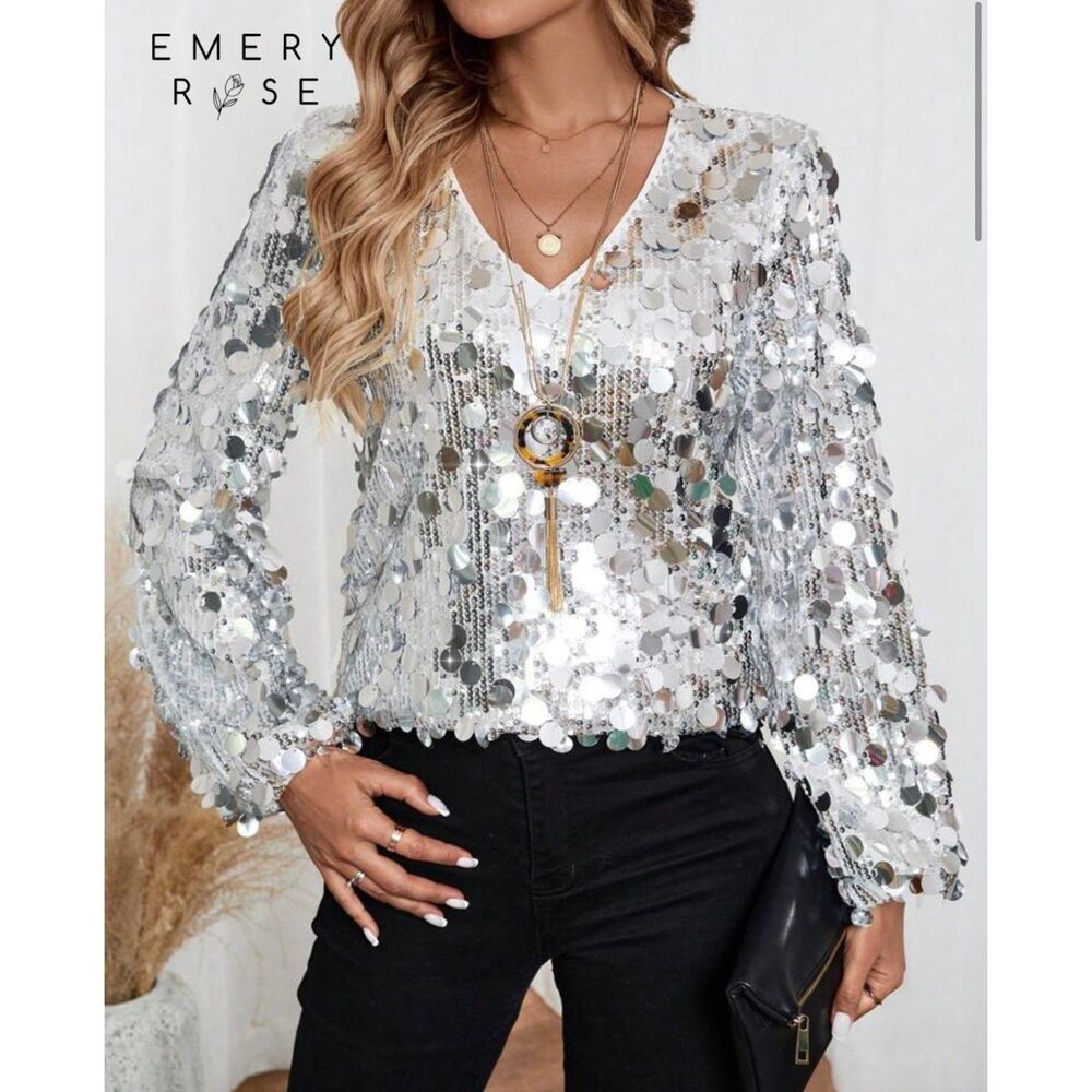 EUC EMERY ROSE Women's Luxurious Sequin V-Neck Long Sleeve Blouse XL Silver